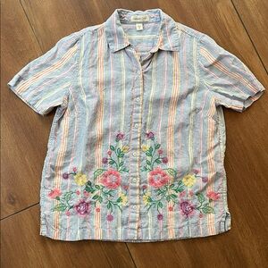Coldwater Creek Multicolor Striped Floral embroidered women’s Shirt, medium